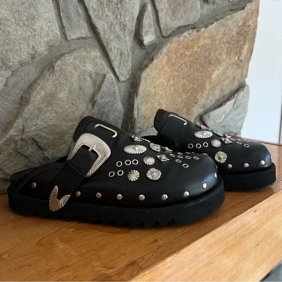 TOGA VIRILIS Men’s Black Eyelet Metal Sabot Slip-on Loafers Embellished Slippers - Picture 4 of 9